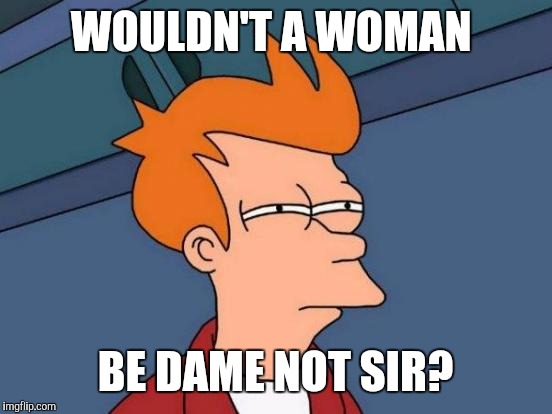 Futurama Fry Meme | WOULDN'T A WOMAN BE DAME NOT SIR? | image tagged in memes,futurama fry | made w/ Imgflip meme maker