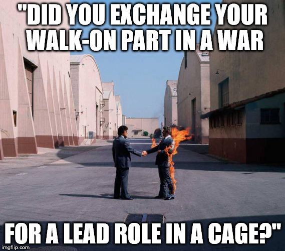 Join the Bernie Revolution! The Beginning is Near! | "DID YOU EXCHANGE YOUR WALK-ON PART IN A WAR; FOR A LEAD ROLE IN A CAGE?" | image tagged in pink floyd,wish you were here,bernie revolution,bernieorbust,neverhillary | made w/ Imgflip meme maker