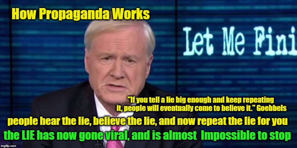 How Propaganda Spreads | How Propaganda Works; "If you tell a lie big enough and keep repeating it, people will eventually come to believe it." Goebbels; people hear the lie, believe the lie, and now repeat the lie for you; the LIE has now gone viral, and is almost  Impossible to stop | image tagged in lies,brainwashed,propaganda | made w/ Imgflip meme maker
