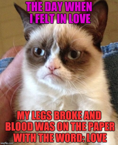 Grumpy Cat Meme | THE DAY WHEN I FELT IN LOVE; MY LEGS BROKE AND BLOOD WAS ON THE PAPER WITH THE WORD: LOVE | image tagged in memes,grumpy cat | made w/ Imgflip meme maker