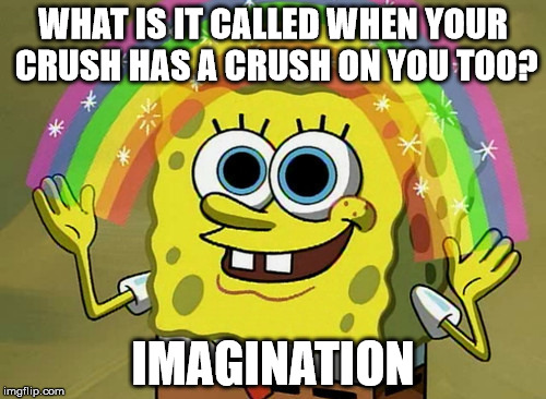 Imagination Spongebob | WHAT IS IT CALLED WHEN YOUR CRUSH HAS A CRUSH ON YOU TOO? IMAGINATION | image tagged in memes,imagination spongebob,funny,roflmao,crush,ranbow | made w/ Imgflip meme maker