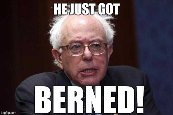 Bernie Sanders |  HE JUST GOT; BERNED! | image tagged in bernie sanders | made w/ Imgflip meme maker