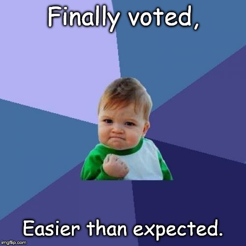 I finally voted!! | Finally voted, Easier than expected. | image tagged in memes,success kid | made w/ Imgflip meme maker