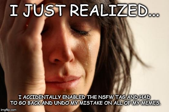 First World Problems | I JUST REALIZED... I ACCIDENTALLY ENABLED THE NSFW TAG AND HAD TO GO BACK AND UNDO MY MISTAKE ON ALL OF MY MEMES. | image tagged in memes,first world problems | made w/ Imgflip meme maker