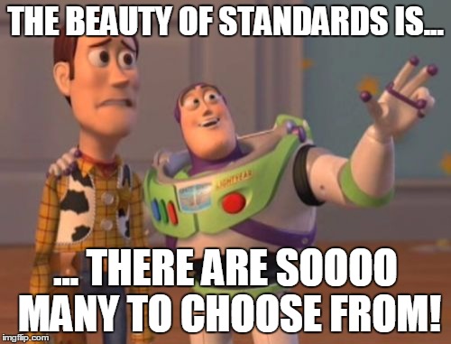 X, X Everywhere Meme | THE BEAUTY OF STANDARDS IS... ... THERE ARE SOOOO MANY TO CHOOSE FROM! | image tagged in memes,x x everywhere | made w/ Imgflip meme maker