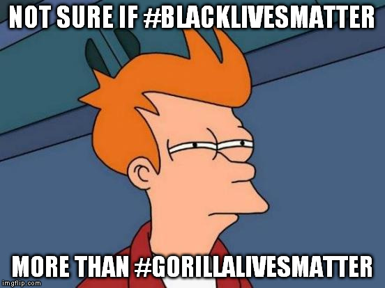 Darn it! Orlando shooting makes this outdated. Original title: LIBERAL PARADOX: He was a black kid... | NOT SURE IF #BLACKLIVESMATTER; MORE THAN #GORILLALIVESMATTER | image tagged in memes,futurama fry,blacklivesmatter,gorilla,liberal | made w/ Imgflip meme maker