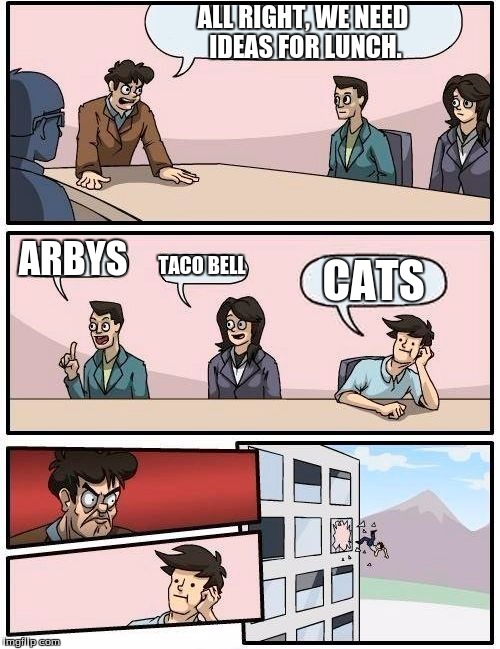 Boardroom Meeting Suggestion Meme | ALL RIGHT, WE NEED IDEAS FOR LUNCH. ARBYS; TACO BELL; CATS | image tagged in memes,boardroom meeting suggestion | made w/ Imgflip meme maker