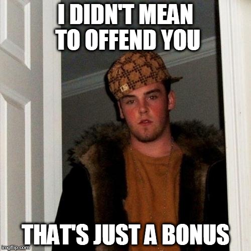 Scumbag Steve | I DIDN'T MEAN TO OFFEND YOU; THAT'S JUST A BONUS | image tagged in memes,scumbag steve | made w/ Imgflip meme maker