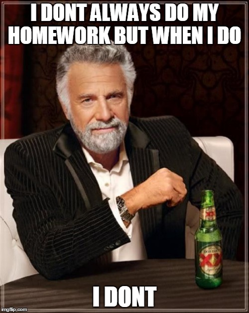 The Most Interesting Man In The World | I DONT ALWAYS DO MY HOMEWORK BUT WHEN I DO; I DONT | image tagged in memes,the most interesting man in the world | made w/ Imgflip meme maker