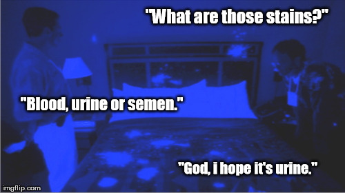 "What are those stains?"; "Blood, urine or semen."; "God, i hope it's urine." | made w/ Imgflip meme maker