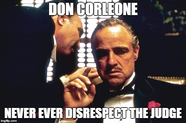 The Godfather | DON CORLEONE; NEVER EVER DISRESPECT THE JUDGE | image tagged in the godfather | made w/ Imgflip meme maker