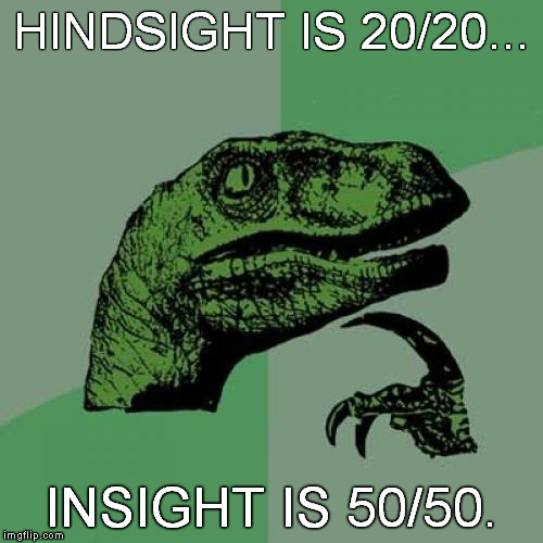 Philosoraptor | HINDSIGHT IS 20/20... INSIGHT IS 50/50. | image tagged in memes,philosoraptor | made w/ Imgflip meme maker