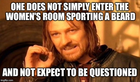 One Does Not Simply | ONE DOES NOT SIMPLY ENTER THE WOMEN'S ROOM SPORTING A BEARD; AND NOT EXPECT TO BE QUESTIONED | image tagged in memes,one does not simply | made w/ Imgflip meme maker
