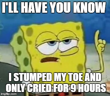 I'll Have You Know Spongebob Meme | I'LL HAVE YOU KNOW; I STUMPED MY TOE AND ONLY CRIED FOR 9 HOURS | image tagged in memes,ill have you know spongebob | made w/ Imgflip meme maker