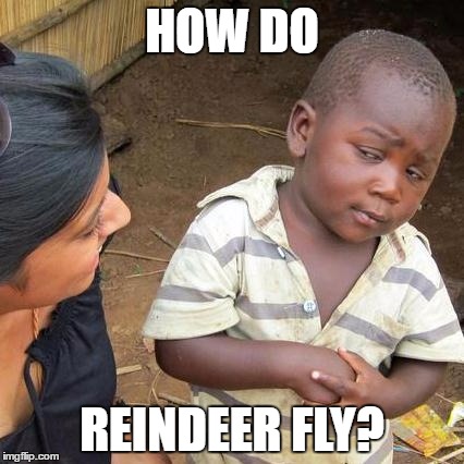Third World Skeptical Kid | HOW DO; REINDEER FLY? | image tagged in memes,third world skeptical kid | made w/ Imgflip meme maker