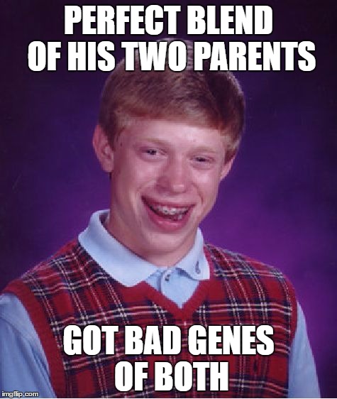 Bad Luck Brian Meme | PERFECT BLEND OF HIS TWO PARENTS; GOT BAD GENES OF BOTH | image tagged in memes,bad luck brian | made w/ Imgflip meme maker