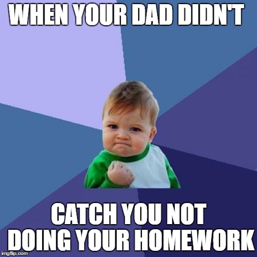 Success Kid Meme | WHEN YOUR DAD DIDN'T; CATCH YOU NOT DOING YOUR HOMEWORK | image tagged in memes,success kid | made w/ Imgflip meme maker