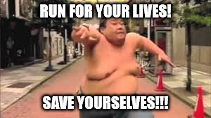 RUN FOR YOUR LIVES! SAVE YOURSELVES!!! | image tagged in fat,running,memes,funny memes,sumo | made w/ Imgflip meme maker