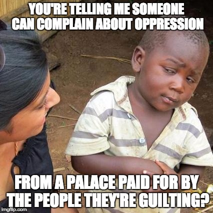 Third World Skeptical Kid | YOU'RE TELLING ME SOMEONE CAN COMPLAIN ABOUT OPPRESSION; FROM A PALACE PAID FOR BY THE PEOPLE THEY'RE GUILTING? | image tagged in memes,third world skeptical kid,obama,michelle obama,liberalism,conservative | made w/ Imgflip meme maker