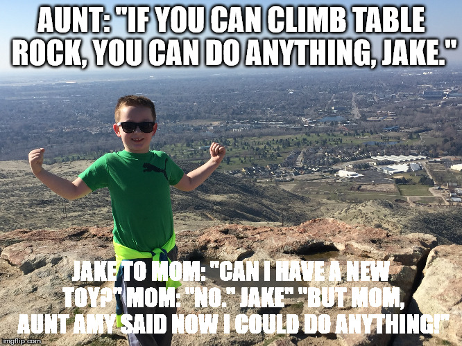 Table Rock Tactics | AUNT: "IF YOU CAN CLIMB TABLE ROCK, YOU CAN DO ANYTHING, JAKE."; JAKE TO MOM: "CAN I HAVE A NEW TOY?" MOM: "NO." JAKE" "BUT MOM, AUNT AMY SAID NOW I COULD DO ANYTHING!" | image tagged in kids | made w/ Imgflip meme maker