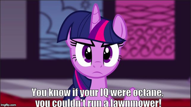 Twilight Sparkle snarky | You know if your IQ were octane, you couldn't run a lawnmower! | image tagged in twilight sparkle snarky | made w/ Imgflip meme maker