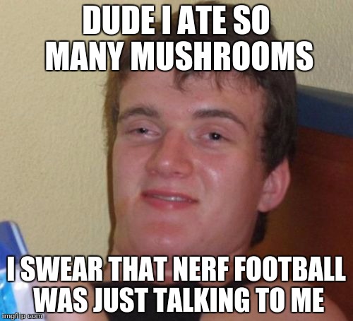 10 Guy Meme | DUDE I ATE SO MANY MUSHROOMS I SWEAR THAT NERF FOOTBALL WAS JUST TALKING TO ME | image tagged in memes,10 guy | made w/ Imgflip meme maker