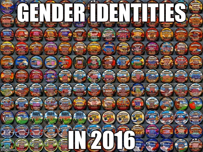 Brush up on your knowledge on political correctness | GENDER IDENTITIES; IN 2016 | image tagged in memes,gender identity,political correctness,funny,lol,politics | made w/ Imgflip meme maker