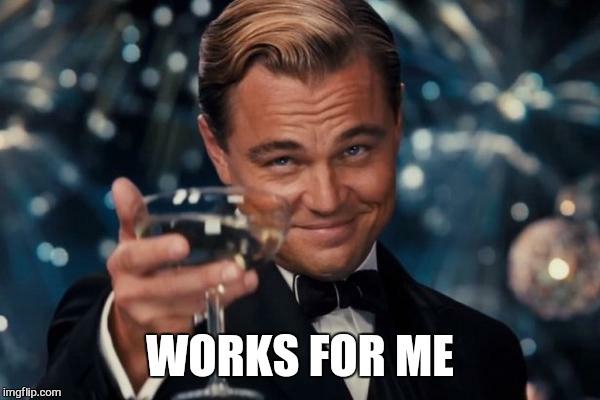 Leonardo Dicaprio Cheers Meme | WORKS FOR ME | image tagged in memes,leonardo dicaprio cheers | made w/ Imgflip meme maker