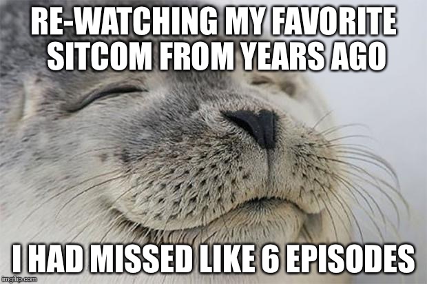 Satisfied Seal | RE-WATCHING MY FAVORITE SITCOM FROM YEARS AGO; I HAD MISSED LIKE 6 EPISODES | image tagged in memes,satisfied seal,AdviceAnimals | made w/ Imgflip meme maker