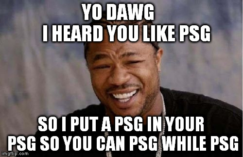 Yo Dawg Heard You Meme | YO DAWG         I HEARD YOU LIKE PSG; SO I PUT A PSG IN YOUR PSG SO YOU CAN PSG WHILE PSG | image tagged in memes,yo dawg heard you | made w/ Imgflip meme maker