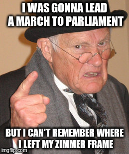 Back In My Day Meme | I WAS GONNA LEAD A MARCH TO PARLIAMENT; BUT I CAN'T REMEMBER WHERE I LEFT MY ZIMMER FRAME | image tagged in memes,back in my day | made w/ Imgflip meme maker