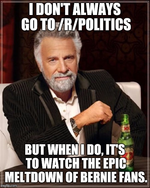 The Most Interesting Man In The World Meme | I DON'T ALWAYS GO TO /R/POLITICS; BUT WHEN I DO, IT'S TO WATCH THE EPIC MELTDOWN OF BERNIE FANS. | image tagged in memes,the most interesting man in the world,Conservative | made w/ Imgflip meme maker