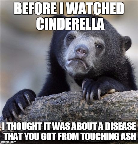 Confession Bear | BEFORE I WATCHED CINDERELLA; I THOUGHT IT WAS ABOUT A DISEASE THAT YOU GOT FROM TOUCHING ASH | image tagged in memes,confession bear | made w/ Imgflip meme maker