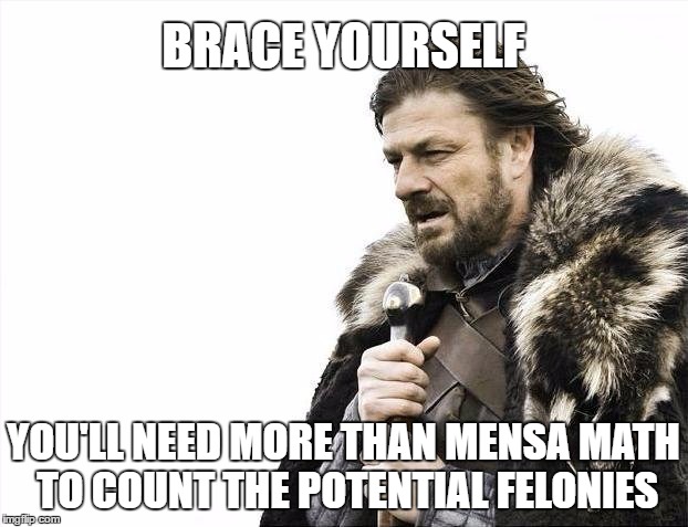 SCHOOL SPENDING SHAKEUP | BRACE YOURSELF; YOU'LL NEED MORE THAN MENSA MATH TO COUNT THE POTENTIAL FELONIES | image tagged in memes,brace yourselves x is coming | made w/ Imgflip meme maker