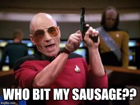 picard gangsta | WHO BIT MY SAUSAGE?? | image tagged in picard gangsta | made w/ Imgflip meme maker