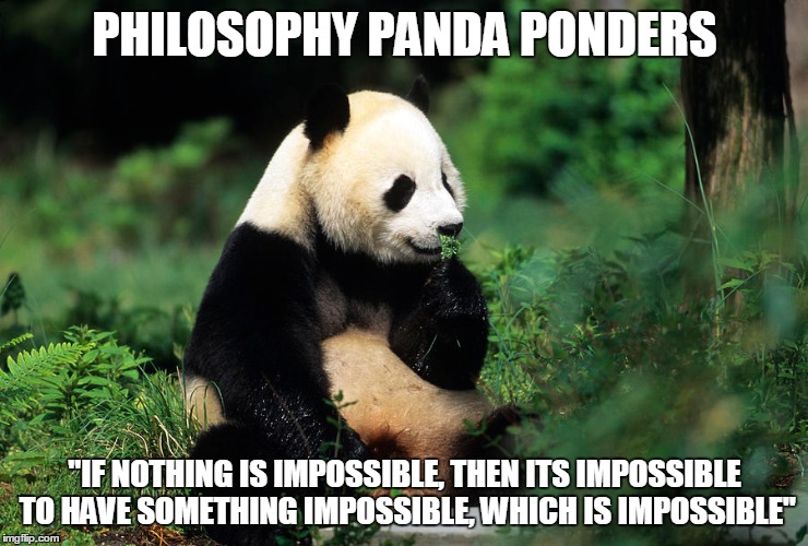 Philosophy Panda Ponders | PHILOSOPHY PANDA PONDERS; "IF NOTHING IS IMPOSSIBLE, THEN ITS IMPOSSIBLE TO HAVE SOMETHING IMPOSSIBLE, WHICH IS IMPOSSIBLE" | image tagged in craniummegahurt,momentofzen,looper,panda | made w/ Imgflip meme maker