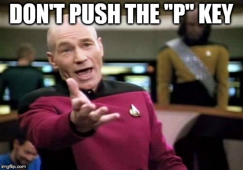 Picard Wtf Meme | DON'T PUSH THE ''P'' KEY | image tagged in memes,picard wtf | made w/ Imgflip meme maker