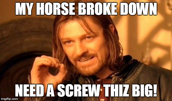 One Does Not Simply | MY HORSE BROKE DOWN; NEED A SCREW THIZ BIG! | image tagged in memes,one does not simply | made w/ Imgflip meme maker