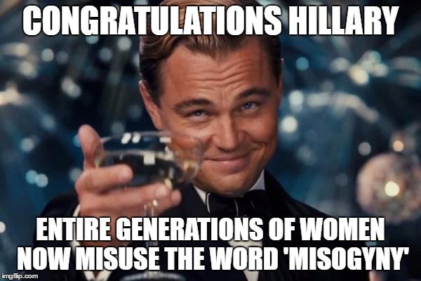Me So Giny! | CONGRATULATIONS HILLARY; ENTIRE GENERATIONS OF WOMEN NOW MISUSE THE WORD 'MISOGYNY' | image tagged in memes,hillary clinton,election 2016,bernie sanders,feel the bern | made w/ Imgflip meme maker