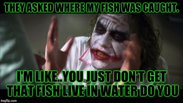 And everybody loses their minds | THEY ASKED WHERE MY FISH WAS CAUGHT. I'M LIKE..YOU JUST DON'T GET THAT FISH LIVE IN WATER DO YOU | image tagged in memes,and everybody loses their minds | made w/ Imgflip meme maker
