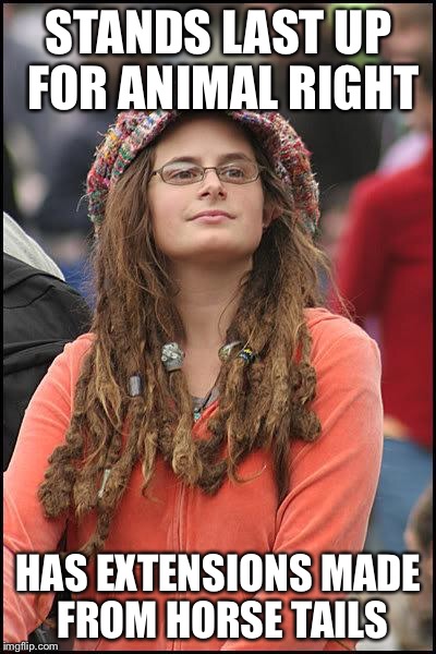 Hippie | STANDS LAST UP FOR ANIMAL RIGHT; HAS EXTENSIONS MADE FROM HORSE TAILS | image tagged in hippie | made w/ Imgflip meme maker