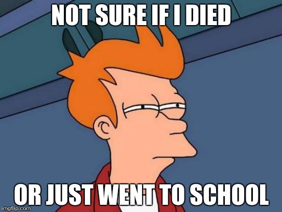 Futurama Fry | NOT SURE IF I DIED; OR JUST WENT TO SCHOOL | image tagged in memes,futurama fry | made w/ Imgflip meme maker