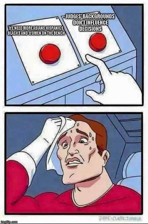 Two Buttons Meme | JUDGES' BACKGROUNDS DON'T INFLUENCE DECISIONS; WE NEED MORE ASIANS HISPANICS BLACKS AND WOMEN ON THE BENCH | image tagged in hard choice to make,The_Donald | made w/ Imgflip meme maker
