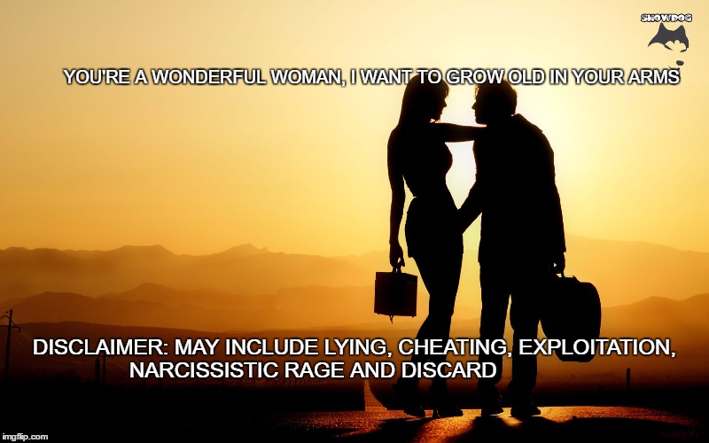 narcissist's wonderful woman | YOU'RE A WONDERFUL WOMAN, I WANT TO GROW OLD IN YOUR ARMS; DISCLAIMER: MAY INCLUDE LYING, CHEATING, EXPLOITATION, NARCISSISTIC RAGE AND DISCARD | image tagged in romantic | made w/ Imgflip meme maker