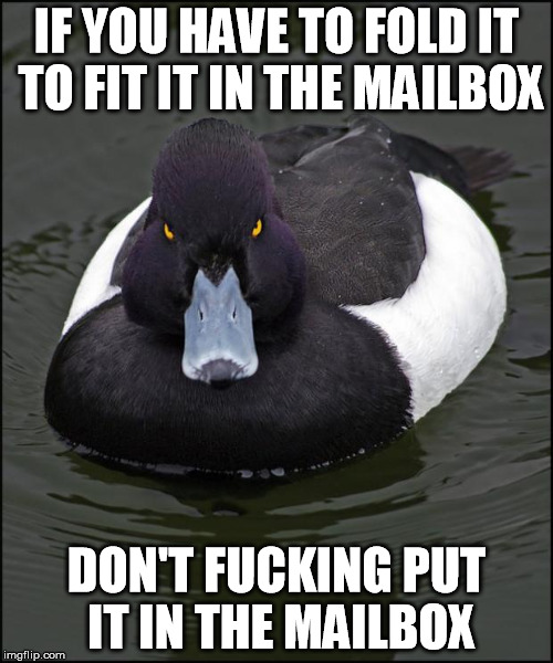 hi res angry advice mallard | IF YOU HAVE TO FOLD IT TO FIT IT IN THE MAILBOX; DON'T FUCKING PUT IT IN THE MAILBOX | image tagged in hi res angry advice mallard,AdviceAnimals | made w/ Imgflip meme maker