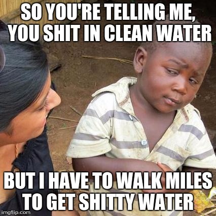 Third World Skeptical Kid Meme |  SO YOU'RE TELLING ME, YOU SHIT IN CLEAN WATER; BUT I HAVE TO WALK MILES TO GET SHITTY WATER | image tagged in memes,third world skeptical kid | made w/ Imgflip meme maker