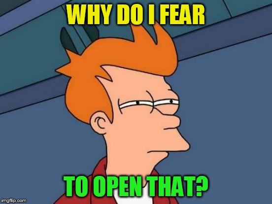 Futurama Fry Meme | WHY DO I FEAR TO OPEN THAT? | image tagged in memes,futurama fry | made w/ Imgflip meme maker