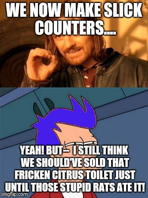 Futurama & Dangles' Shop Argument | WE NOW MAKE SLICK COUNTERS.... YEAH! BUT--  I STILL THINK WE SHOULD'VE SOLD THAT FRICKEN CITRUS TOILET JUST UNTIL THOSE STUPID RATS ATE IT! | image tagged in memes,funny,shop,argument | made w/ Imgflip meme maker