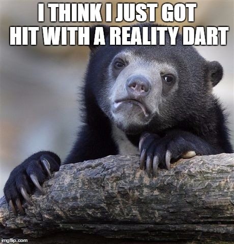 Confession Bear Meme | I THINK I JUST GOT HIT WITH A REALITY DART | image tagged in memes,confession bear | made w/ Imgflip meme maker