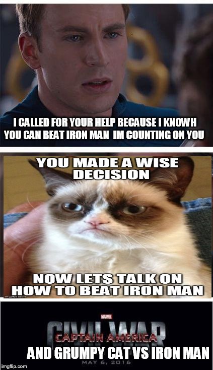 Marvel Civil War 1 Meme | I CALLED FOR YOUR HELP BECAUSE I KNOWH YOU CAN BEAT IRON MAN  IM COUNTING ON YOU; AND GRUMPY CAT VS IRON MAN | image tagged in memes,marvel civil war 1 | made w/ Imgflip meme maker